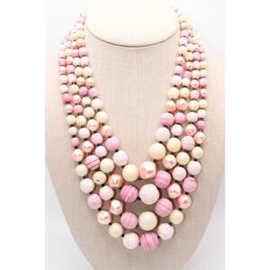 Vintage Japan Pink White Glass Bead 4 Strand Statement Necklace